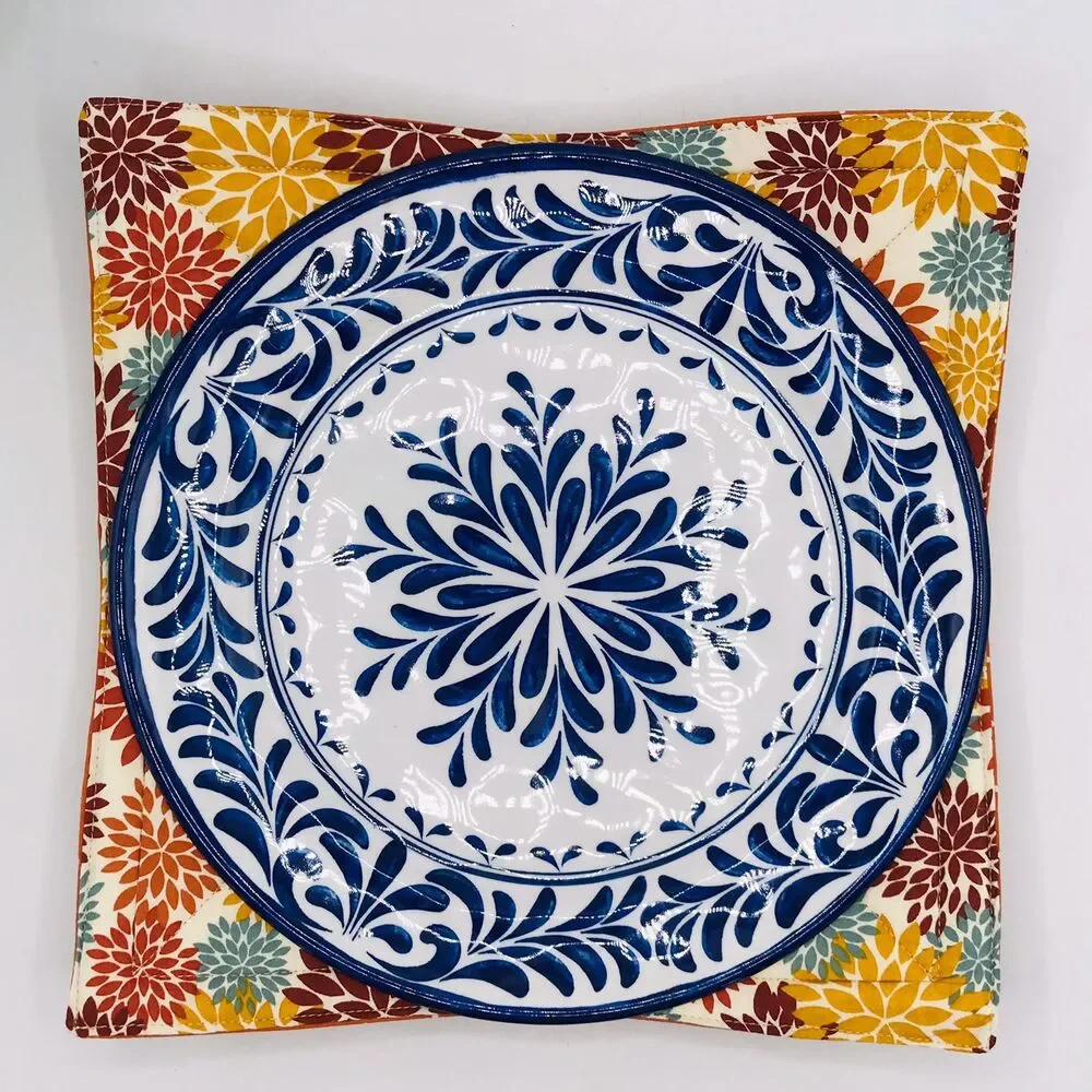 Microwave Dinner Plate Cozy: Reversible, Fall Orange Yellow Floral Colors